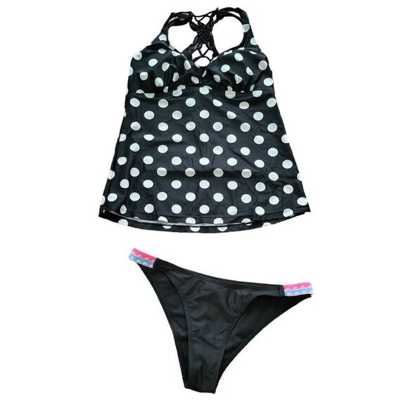 Bikini Tankini Black Polka Dots Braided Color Pop Two Piece Bathing Swim Suit - Picture 2 of 11